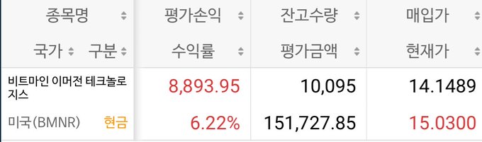 The image shows a Korean stock screener displaying two entries: "비트마인 이머전테크놀로지스" (BitMine Immersion Technologies) with a closing price of 8,893.95, 10,095 shares, and P/E ratio of 14.1489, and "미국 (BMNR) 현금" (USA BMNR Cash) with a yield of 6.22%, 151,727.85 evaluation amount, and current price of 15.0300. This relates to the post by highlighting the user's bold investment of 10,095 shares in BMNR (BitMine), whose current price of $15.03 would value the holding at approximately $151,500, matching the evaluation amount shown.