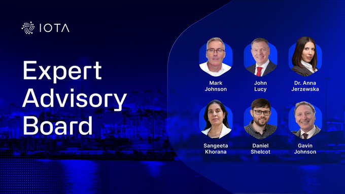 IOTA 'Expert Advisory Board' announcement featuring six members: Mark Johnson, John Lucy, Dr. Anna Jerzewska, Sangeeta Khorana, Daniel Shelcot, and Gavin Johnson.
