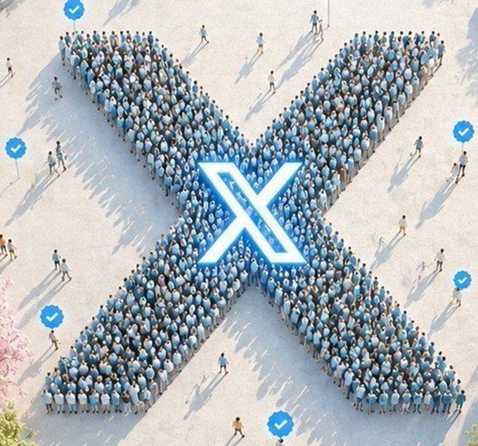 An aerial view of a large crowd of people forming a giant 'X' shape with a glowing X logo in the center, surrounded by verified checkmark icons.