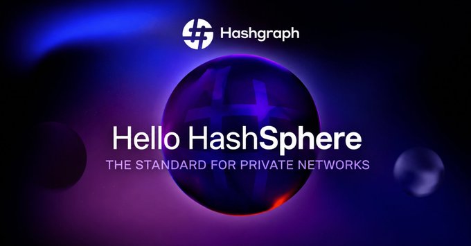 The image is a promotional graphic featuring the Hashgraph logo at the top, with a large dark sphere set against a vibrant blue and purple gradient background. Bold text reads "Hello HashSphere" with the tagline "THE STANDARD FOR PRIVATE NETWORKS" beneath it, visually introducing Hedera's HashSphere as a premier enterprise-grade private network solution.