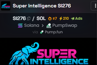 A digital display for a cryptocurrency or token named "Super Intelligence SI276" on the Solana network, with a price of #7 and a market cap of 210.