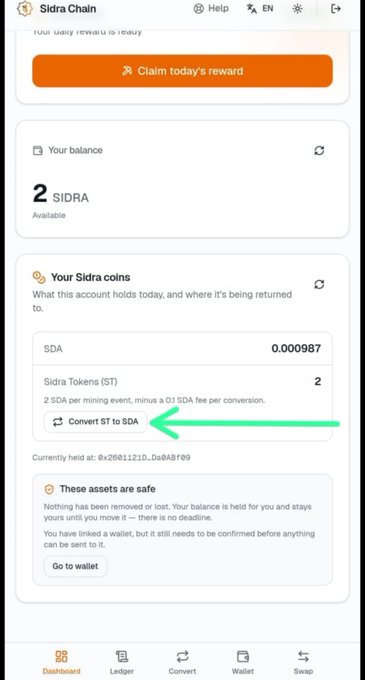 A screenshot of the Sidra Chain app showing a balance of 2 SIDRA, with a green arrow pointing to the 'Convert ST to SDA' button.