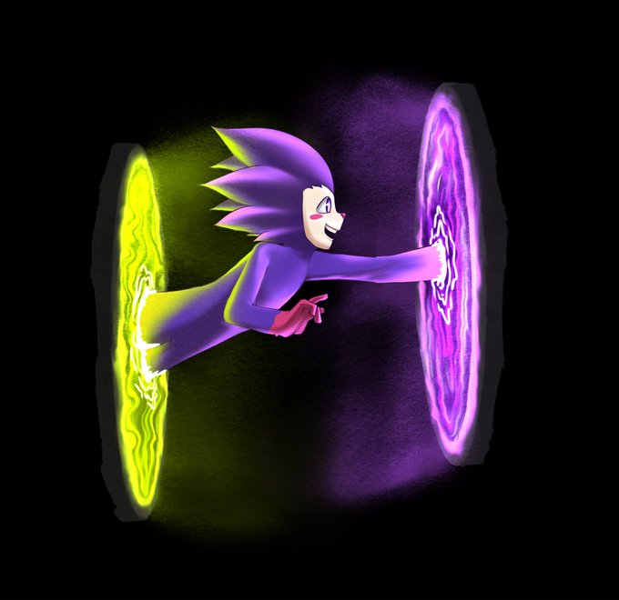 A stylized purple cartoon character with spiky hair is shown reaching through two glowing portals—one yellow-green on the left and one purple on the right—against a dark background. The image evokes the "Chog" meme character from the Monad crypto community, symbolizing a playful bridge or moment between ecosystems as referenced in the post about a potential Chog mint on Monad.