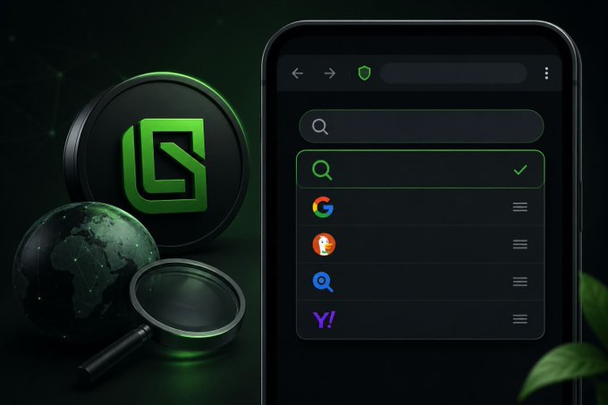 A promotional graphic showing a green logo with a magnifying glass and globe, alongside a smartphone screen displaying a VPN or browser app interface with various search engine icons including Google and Yahoo.
