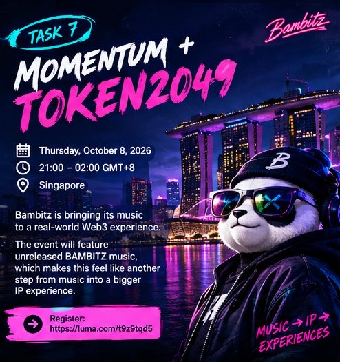 An event promotional poster for 'TASK 7 MOMENTUM + TOKEN2049' hosted by Bambitz on Thursday, October 8, 2026, in Singapore, featuring a panda character wearing sunglasses and a black cap against a city skyline backdrop.