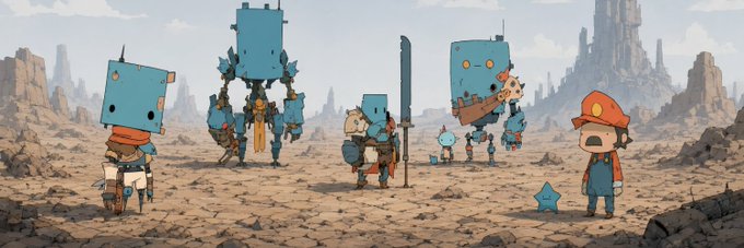 An anime-style illustration showing a group of small characters and large blue robots with boxy heads standing in a barren rocky landscape with ruins in the background.