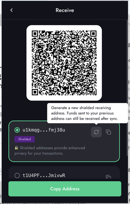 A screenshot of the Zcash Noir wallet's "Receive" screen displaying a QR code and a shielded receiving address (u1kmqg...fmj38u) with a prominent update/refresh button next to it, accompanied by a warning tooltip reading "Generate a new shielded receiving address. Funds sent to your previous address can still be received after sync." The image illustrates the warning about not pressing the update button, as doing so rotates the receiving address.