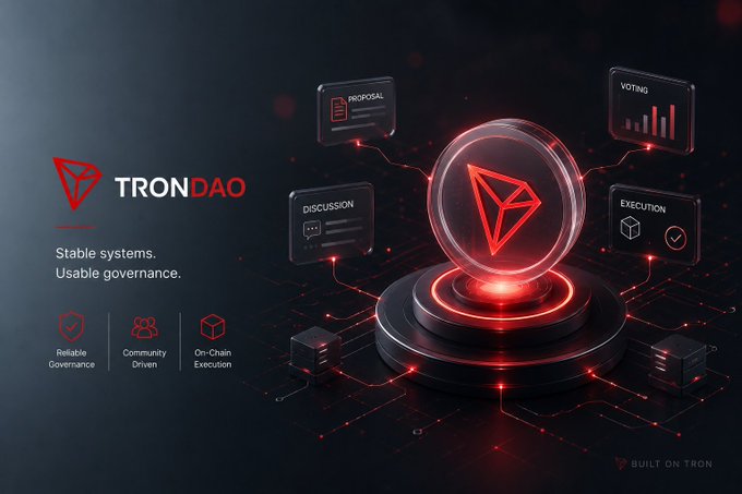 A TRONDAO promotional graphic displaying the tagline "Stable systems. Usable governance." with feature icons for Reliable Governance, Community Driven, and On-Chain Execution, centered on a glowing red Tron logo.