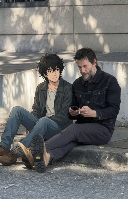 An AI-generated or anime-style illustration of an older bearded man sitting on a curb next to a younger dark-haired male anime character.