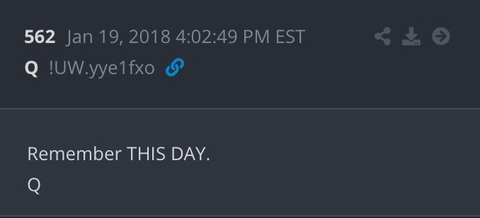 A screenshot of a QAnon post dated Jan 19, 2018, timestamped 4:02:49 PM EST, containing the cryptic message "Remember THIS DAY. Q" and featuring the signature Q drop identifier "!UW.yye1fxo" with link icon. The post connects to the accompanying puzzle "1/19=1/6(J)<>6/1=7/14(L)" through QAnon's numerological interpretation of dates, where 1/19 corresponds to 1/6 and 6/1 relates to 7/14—dates flagged as significant in QAnon lore.