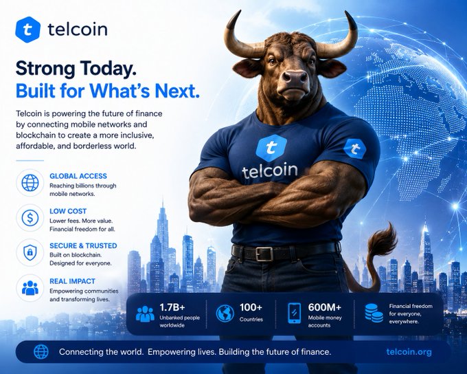 The image features a muscular bull with horns standing against a city skyline backdrop, accompanied by text that reads "Bullish is the name of the game @telcoin $TEL". The image also includes a list of bullet points about Telcoin's offerings and services, such as global access to blockchain technology, low cost, and real impact.