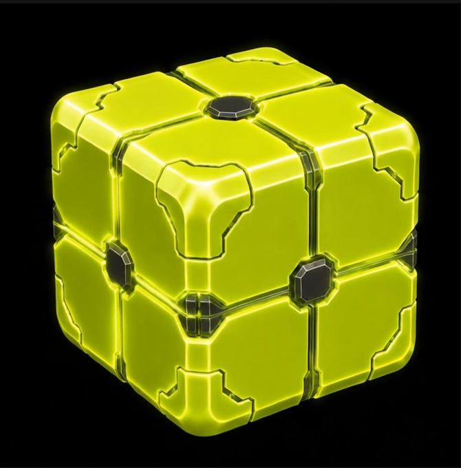 A glowing yellow-green sci-fi cube with black accents and panel details floats against a black background.