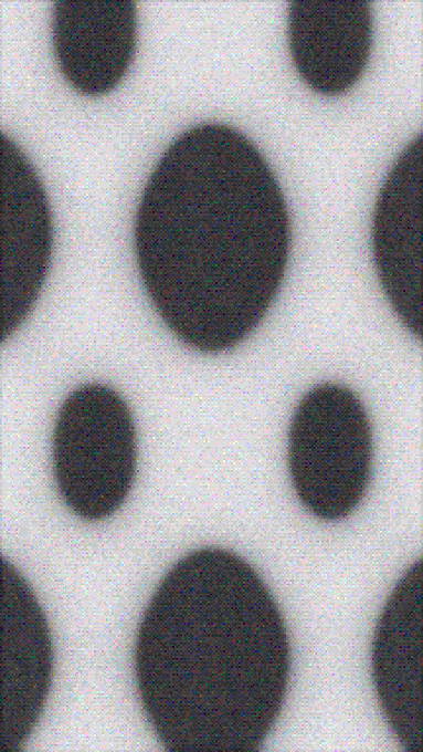 Highly pixelated image showing a black and white polka dot or oval pattern against a grainy background.