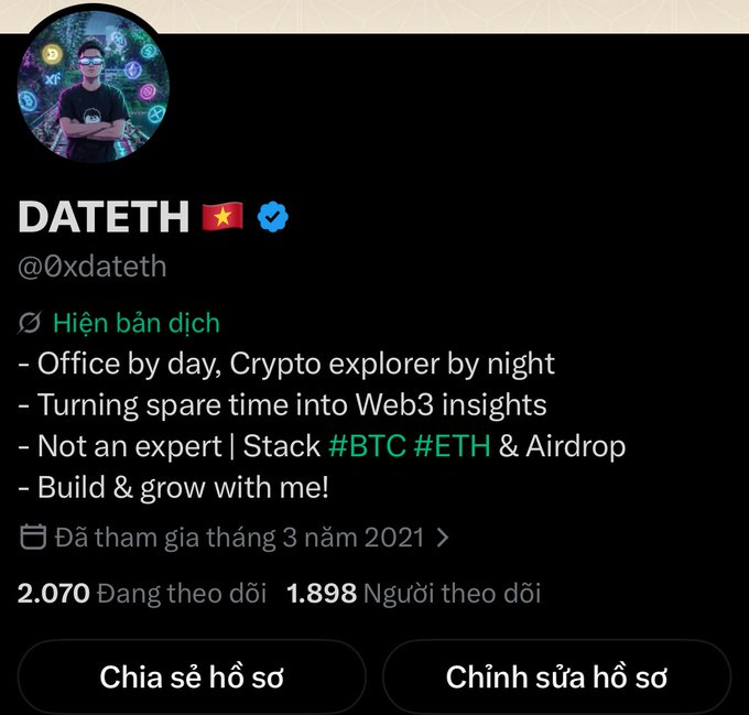 A Twitter/X profile page for 'DATETH' (@0xdateth) featuring a Vietnamese flag, verified badge, and bio describing the user as a crypto explorer who works in an office by day with interests in #BTC #ETH & Airdrop, joined March 2021, with 2,070 following and 1,898 followers.
