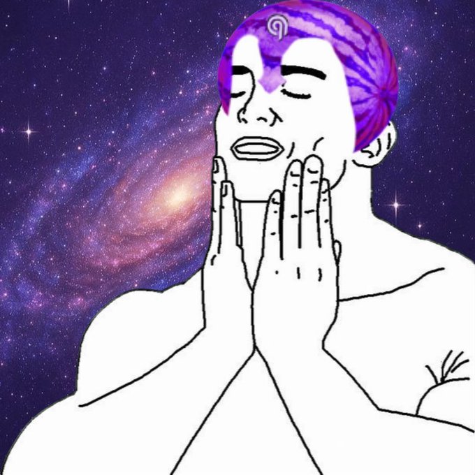 A digital illustration of a stylized figure with purple hair, eyes closed in meditation, hands pressed together against a cosmic galaxy background.