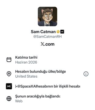 A Twitter/X profile screenshot for 'Sam Catman' (@SamCatmanRH), a verified account located in the United States, joined in June 2026, and linked to x.com.