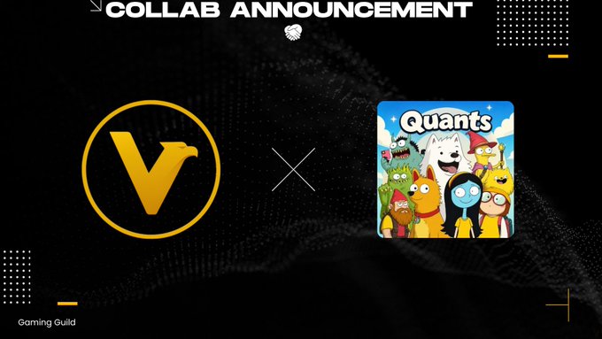 A "COLLAB ANNOUNCEMENT" banner showcases a partnership between Gaming Guild and Quants, featuring their logos alongside a "VitalityDAO" emblem, aligning with the post announcing the expansion of the Quants ecosystem through collaboration.
