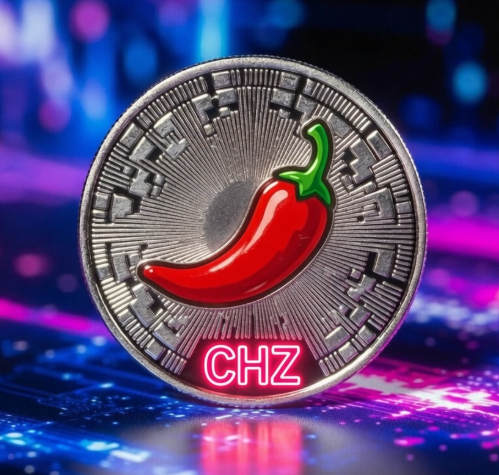 A 3D-rendered silver coin featuring a red chili pepper and the text 'CHZ' against a neon blue and pink background.