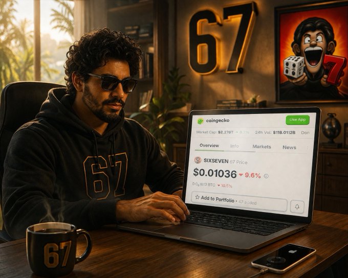An illustrated scene of a man wearing sunglasses and a '67' hoodie working on a laptop displaying a CoinGecko page for SIXSEVEN token priced at $0.01036.