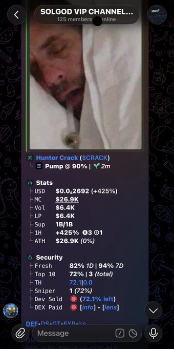 A screenshot of a Telegram channel called 'SOLGOD VIP CHANNEL' with 125 members, showing a man lying down and crypto statistics for 'Hunter Crack ($CRACK)' including price, market cap, volume, and security metrics.