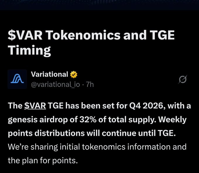 A screenshot of a tweet from @variational_io titled '$VAR Tokenomics and TGE Timing' announcing that the $VAR TGE has been set for Q4 2026 with a 32% genesis airdrop.