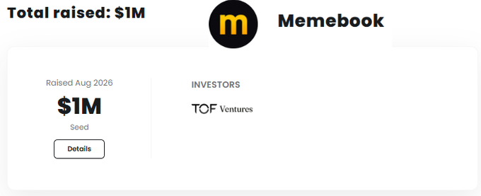 A promotional graphic for Memebook displays the company's seed funding details, showing "Total raised: $1M" with the round closed in August 2026 and investor TOF Ventures, which aligns with the post announcing the new airdrop opportunity tied to the project's recent $1M seed round completion.
