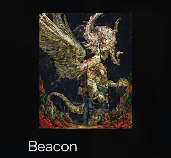 The image displays a dark, surreal painting of a winged, mythical creature with bull-like horns and a serpent tail holding flowers, labeled "Beacon" in white text below. This matches the post announcing a "Beacon edition" mint of artwork by Archan Nair, showcasing the fantastical piece as part of the MuoriField collection.