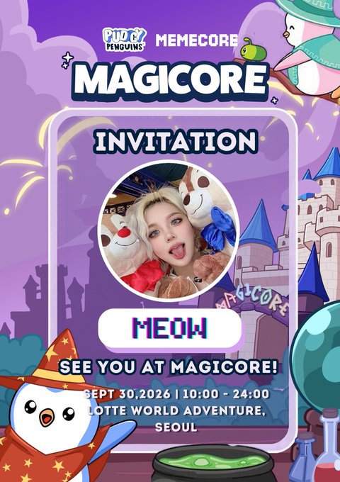 A MagiCore event flyer invites guests to "SEE YOU AT MAGICORE!" on September 30, 2026, from 10:00 to 24:00 at Lotte World Adventure, Seoul, featuring a personalized photo and the name "MEOW" for Memecore's KBW 2026 amusement park takeover.