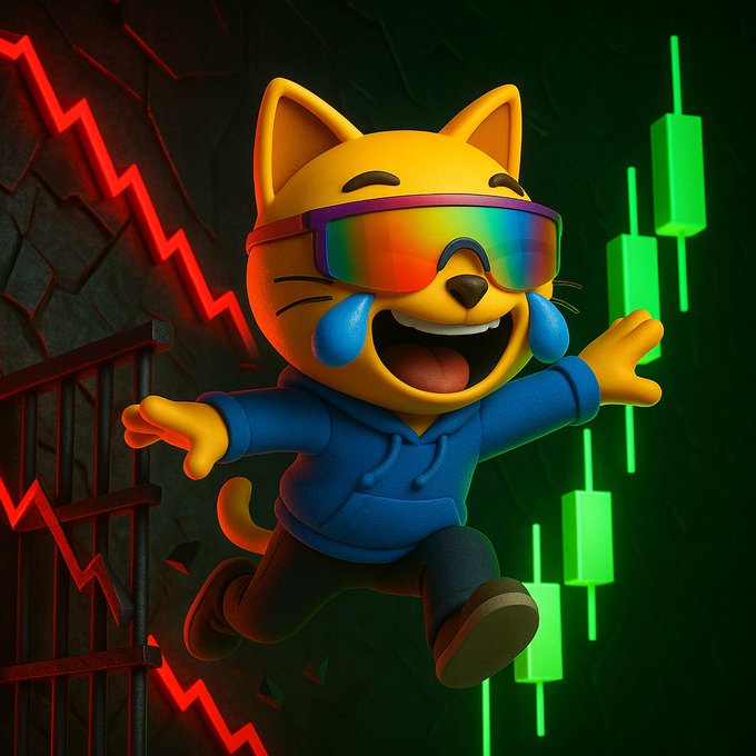 A 3D rendered yellow cat character wearing rainbow sunglasses and a blue hoodie runs joyfully with arms outstretched against a backdrop of red and green stock market charts.