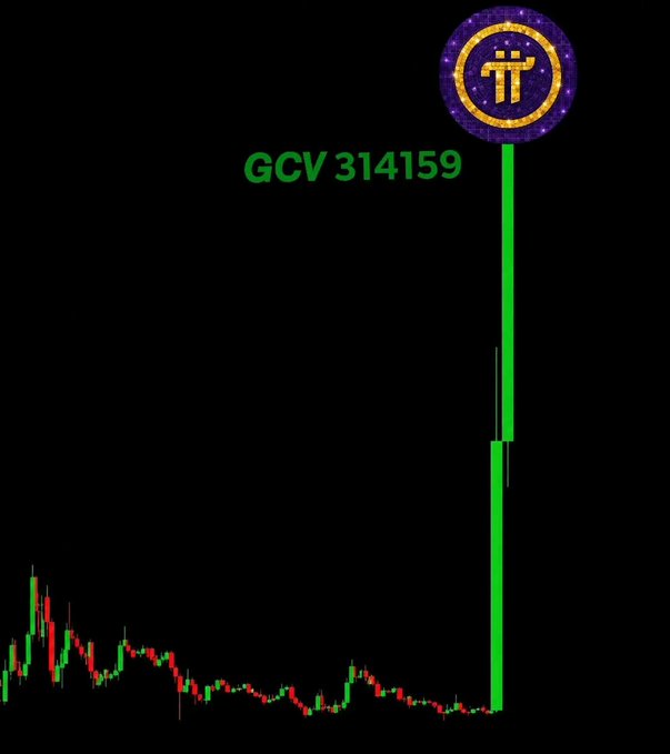 The image displays a cryptocurrency chart with a starkly green candle alongside the Pi Network logo, and the text "GCV 314159". This visually represents the potential for a significant price increase for $Pi, as alluded to in the accompanying post about a "green candle" changing everything.
