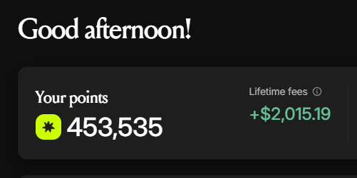 A digital screenshot showing 'Good afternoon!' with 'Your points' at 453,535 and 'Lifetime fees' at +$2,015.19.