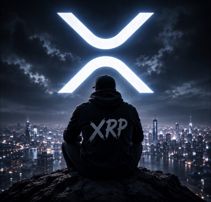 A silhouette of a person in a hoodie with 'XRP' on the back, looking out over a nighttime cityscape toward a large glowing XRP (Ripple) logo in the sky.