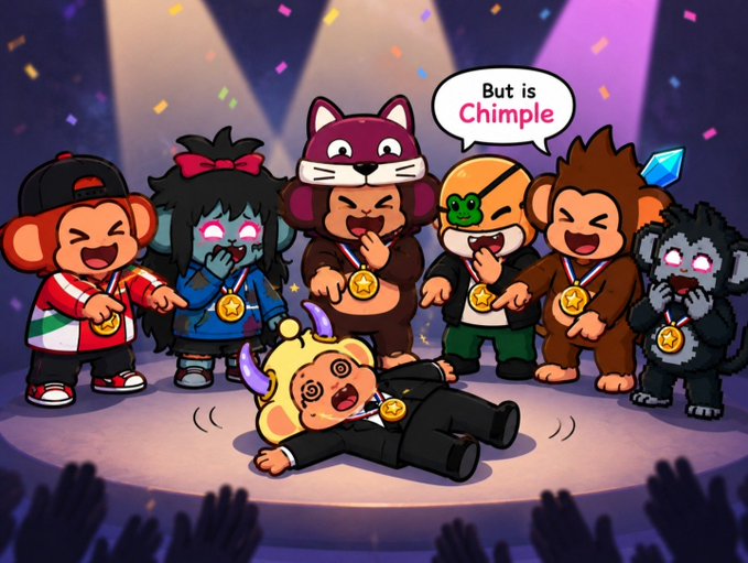 Cartoon illustration of anthropomorphic animal characters (monkeys, cats, etc.) wearing gold medals on stage with confetti, where one character with a red cat hood says 'But is Chimple' in a speech bubble.