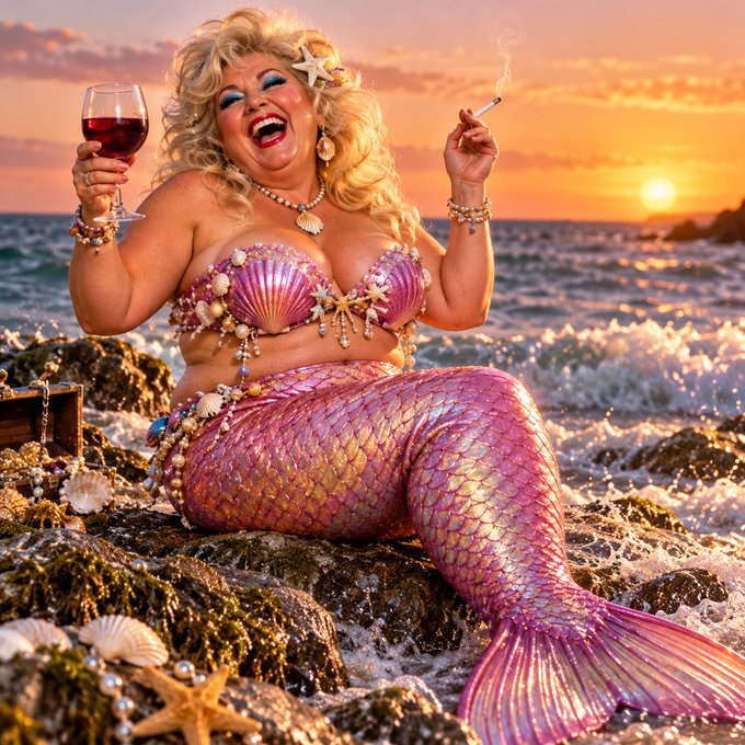 A plus-size mermaid with blonde hair, wearing a pink seashell top and shimmering pink tail, laughs joyfully while holding a glass of red wine and a smoking cigarette on rocks by the sea at sunset.