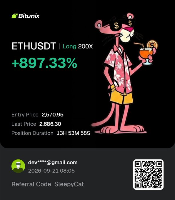 The image shows a Bitunix trading screenshot highlighting a profitable ETHUSDT Long 200X position with a massive +897.33% gain, entering at $2,570.95 and last priced at $2,686.30 over 13H 53M 58S, alongside the Pink Panther in tropical attire holding a drink. The "printing" caption aptly captures the image's braggadocious tone of showcasing enormous leveraged gains as the position literally prints money.