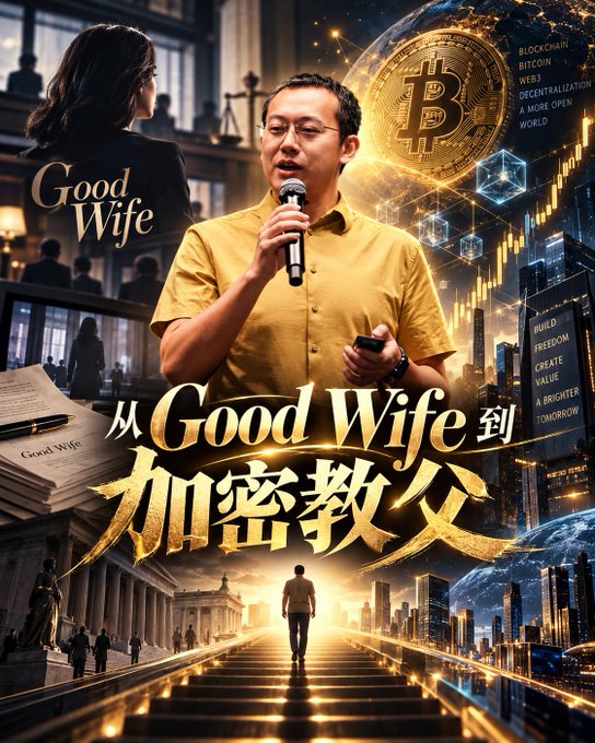 The image is a promotional-style poster featuring a man in a yellow shirt holding a phone, with bold text reading "Good Wife" and "从Good Wife到加密教父" (From Good Wife to Crypto Godfather), alongside Bitcoin imagery and Chinese text promoting blockchain, Web3, and decentralized values. 

This visual encapsulates the caption's theme by symbolizing his journey from his 2011 Beijing programmer days to becoming the "Crypto Godfather"—juxtaposing his humble origins with the grand, golden vision of the crypto empire he built, as inspired by today's OKX NOW discussion.