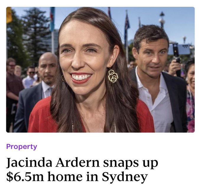 The image shows former New Zealand Prime Minister Jacinda Ardern smiling, dressed in red, with a headline reading "Jacinda Ardern snaps up $6.5m home in Sydney." The accompanying post labeling her a "covid tyrant" reflects criticism of her strict pandemic-era policies, juxtaposed here with news of her luxurious Sydney property purchase.