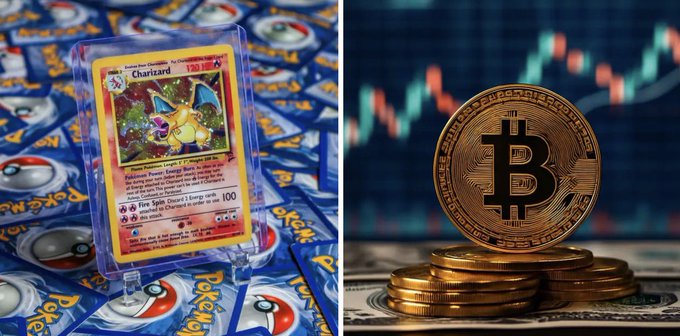 A side-by-side image showing a Charizard Pokémon card among other cards on the left, and a physical Bitcoin token on US dollar bills with a stock chart on the right.