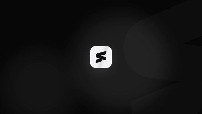A dark background features a small white rounded-square icon in the center containing a stylized black symbol resembling a folded ribbon or arrow.