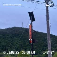 The image shows a road with several electrical posts, including one sign that has "Stepn" written on it along with numbers, possibly indicating step distances or time remaining during a marathon. The photograph captures this moment when the clock reads "03:29:25". A red object is also visible in the scene, which could be related to the step count feature of the step counter displayed near the sign.