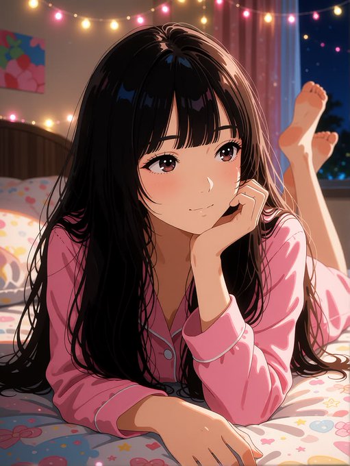 An anime-style illustration features a girl with long dark hair wearing pink pajamas, resting on a bed with her feet up against a background of string lights.