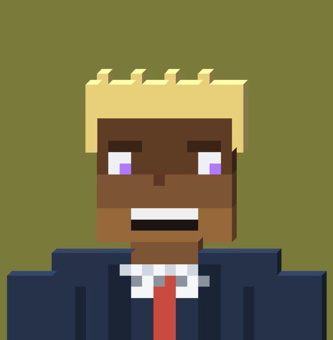A pixel art avatar depicting a dark-skinned character with blonde spiky hair, wearing a dark blue suit jacket, white shirt, and red tie, against a solid olive green background.