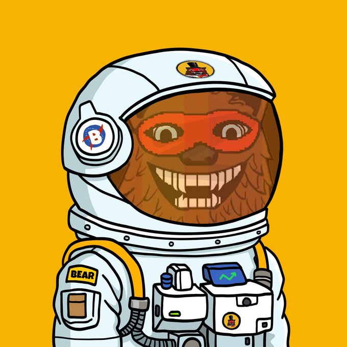A cartoon illustration of a bear wearing an astronaut helmet and spacesuit with a 'BEAR' patch, showing a wide grinning face through the visor against a yellow background.