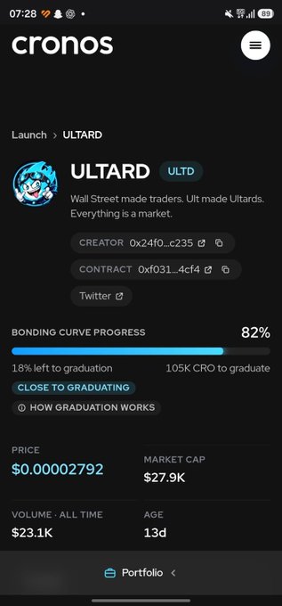 A screenshot of the Cronos app displaying the ULTARD (ULTD) token with a creator address of 0x24f0...c235, an 82% bonding curve progress, a price of $0.00002792, and a market cap of $27.9K.