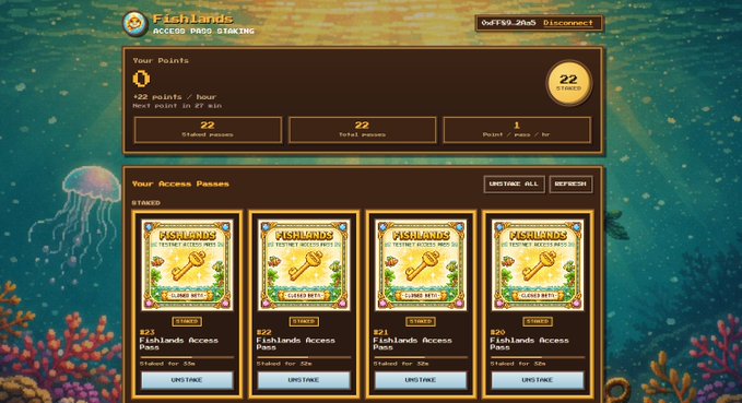 A 'Fishlands' game interface showing an Access Pass Staking page with 0 points and 4 access passes (#83, #89, #91, #84) at 22:24 time.