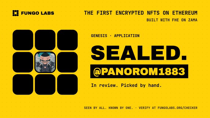 Yellow promotional graphic for Fungo Labs advertising 'The First Encrypted NFTs on Ethereum,' featuring a 3x3 grid with one revealed cartoon character and the text 'SEALED. @PANOROM1883.'