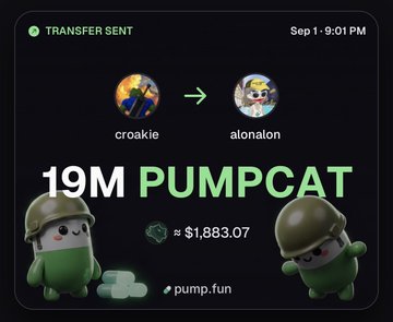 A transfer of 1.9% of $PUMPCAT from “croakie” to “alonalon” is shown, valued at approximately $1,883.07 on Pump.fun, making alonalon the top holder as noted in the post.