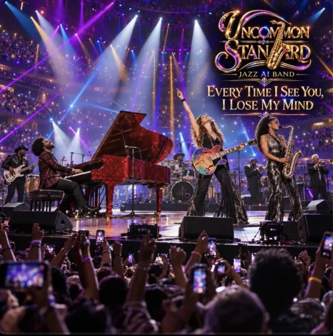 A vibrant concert promotional image for the 'Uncommon Standard Jazz AI Band' featuring the text 'Every Time I See You, I Lose My Mind,' showing performers on stage with a red piano and guitars under purple and blue stage lights.