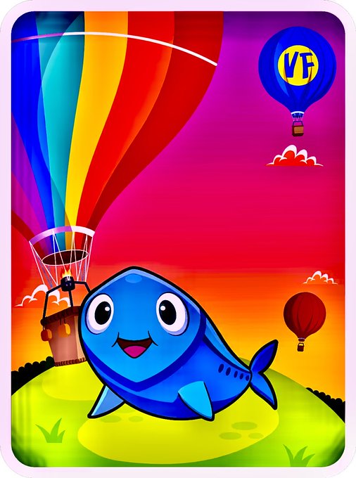 A cartoon illustration of a smiling blue whale with hot air balloons in a colorful sunset sky, with one balloon marked 'VF'.
