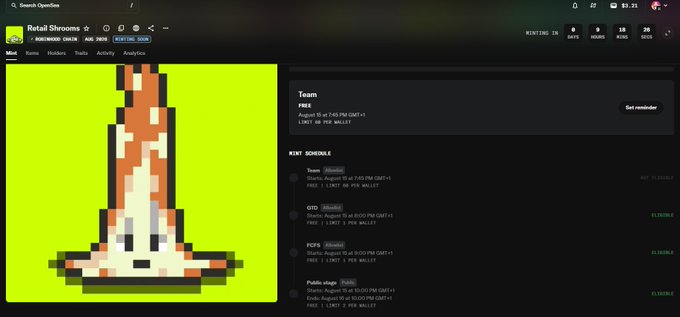 A webpage showing the 'Retail Shrooms' team schedule for 'Esports World Cup' Rocket League, featuring a pixelated rocket graphic and a 'NEXT SCHEDULE' section with matches.
